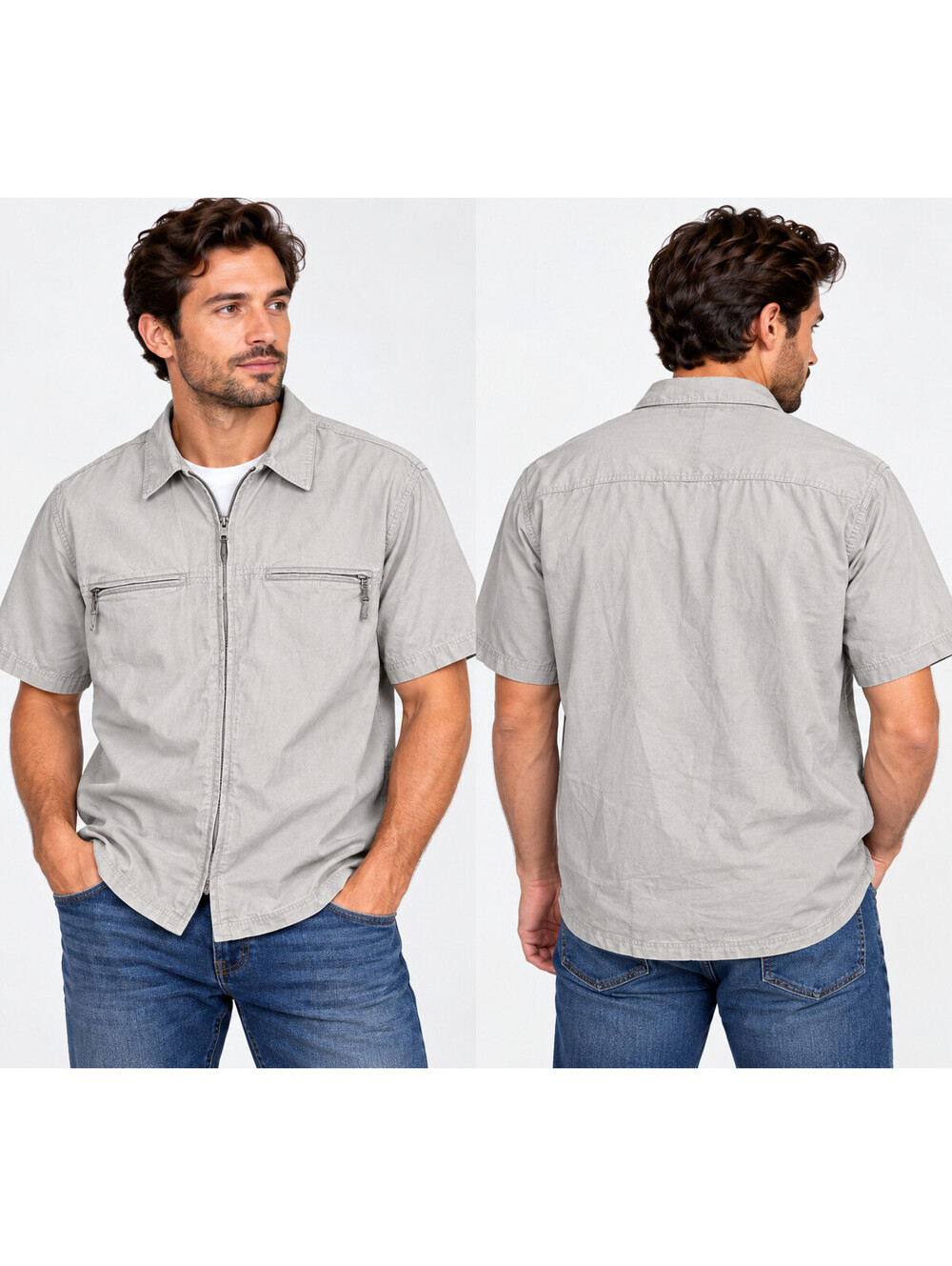 Vintage Bugle Boy Authentics Mens Large Gray Zip Front Shirt Double Zip Pockets